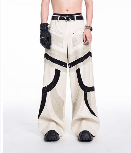 Patchwork Hollow-out Knitmesh PU Autumn And Winter Heavy Casual Pants