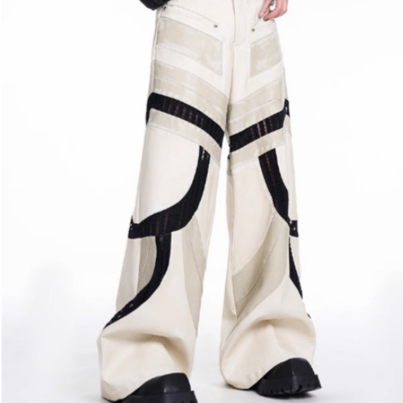 Patchwork Hollow-out Knitmesh PU Autumn And Winter Heavy Casual Pants