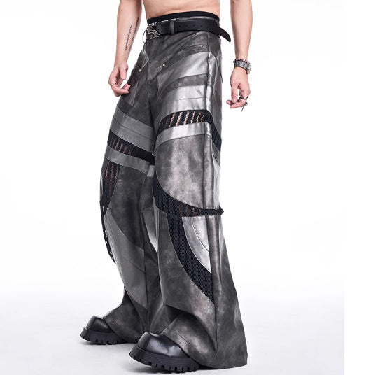 Patchwork Hollow-out Knitmesh PU Autumn And Winter Heavy Casual Pants