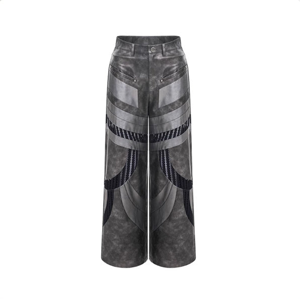 Patchwork Hollow-out Knitmesh PU Autumn And Winter Heavy Casual Pants - Apricot Pants / S