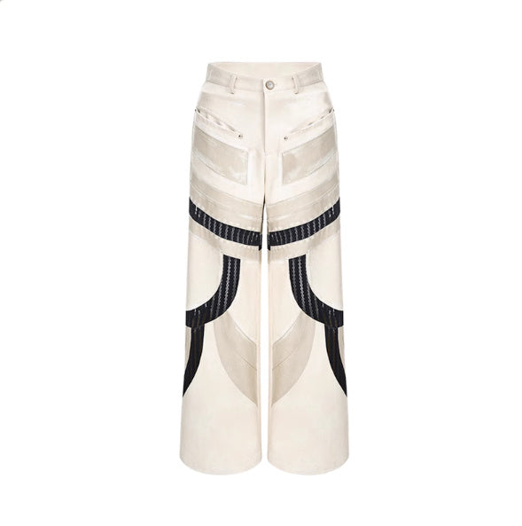 Patchwork Hollow-out Knitmesh PU Autumn And Winter Heavy Casual Pants - Beige Coat / S