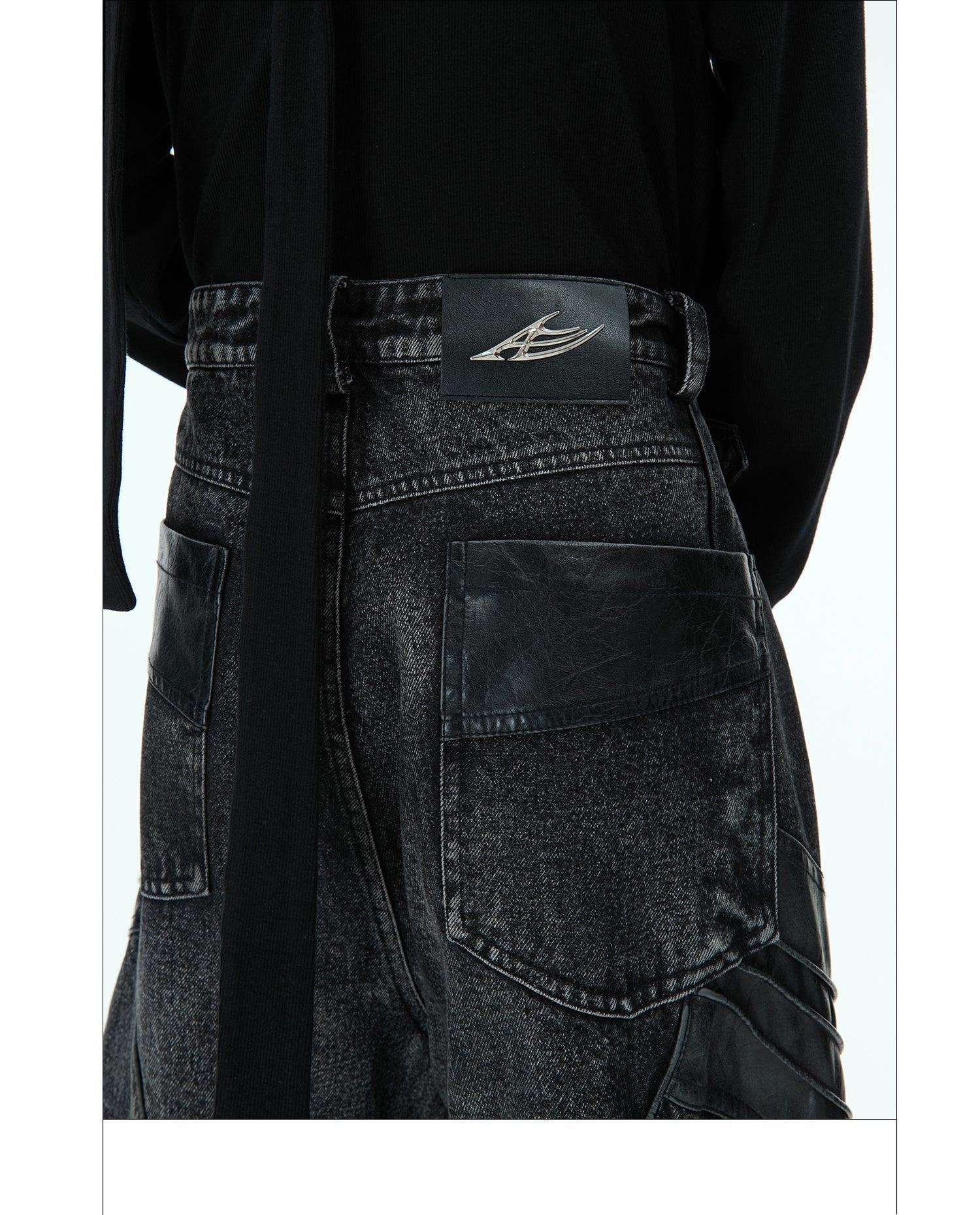 Heavy Washed Black Armor Jeans Deconstructed PU Leather Stitching Trousers