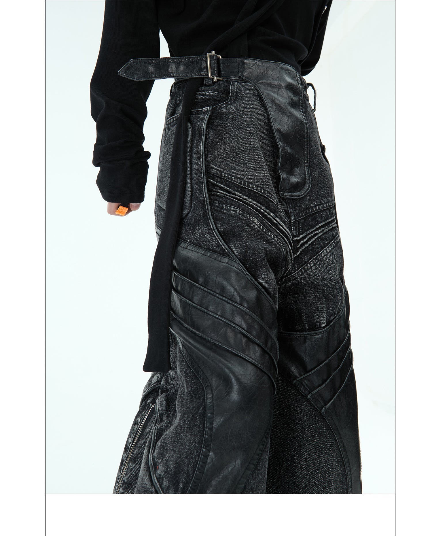 Heavy Washed Black Armor Jeans Deconstructed PU Leather Stitching Trousers