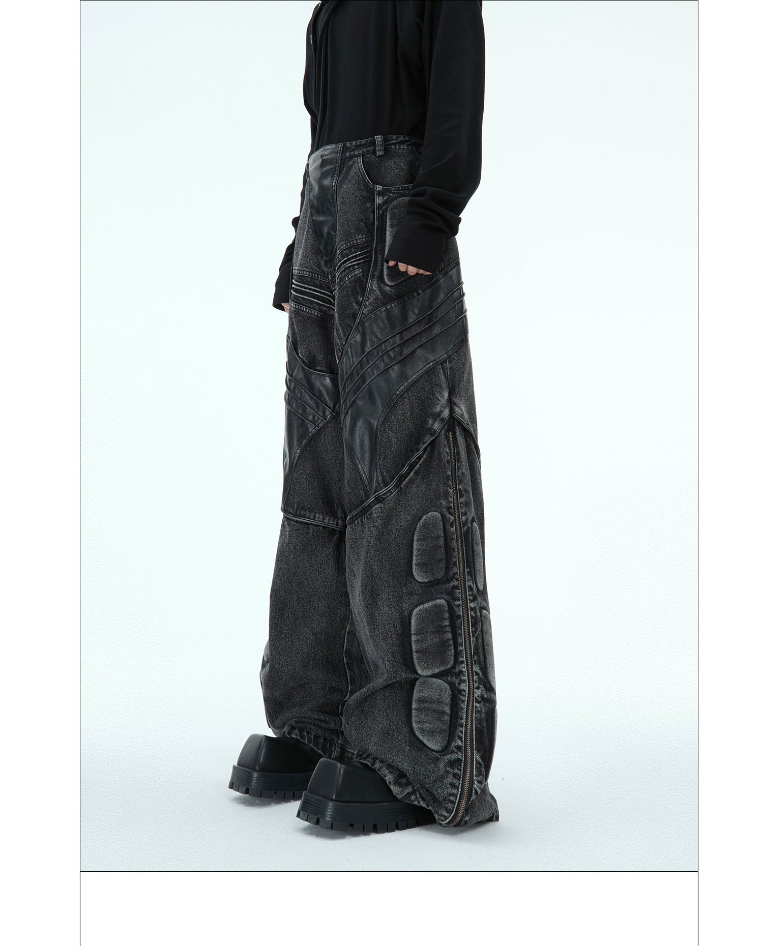 Heavy Washed Black Armor Jeans Deconstructed PU Leather Stitching Trousers