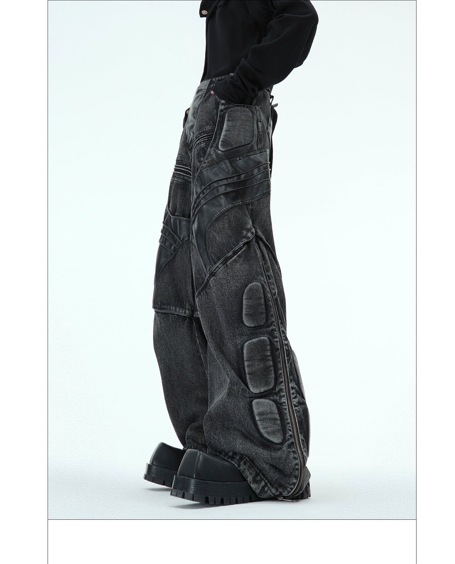 Heavy Washed Black Armor Jeans Deconstructed PU Leather Stitching Trousers