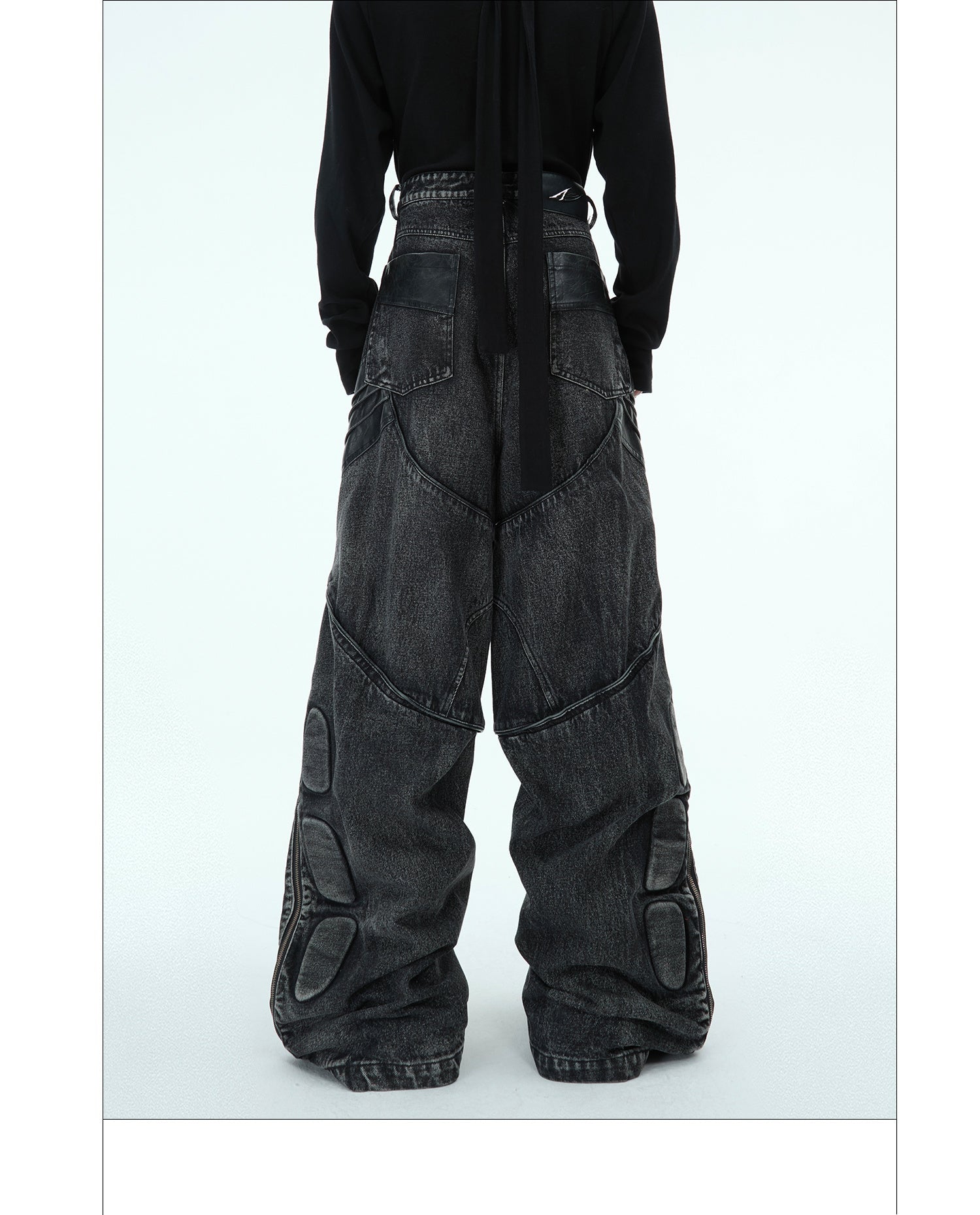 Heavy Washed Black Armor Jeans Deconstructed PU Leather Stitching Trousers