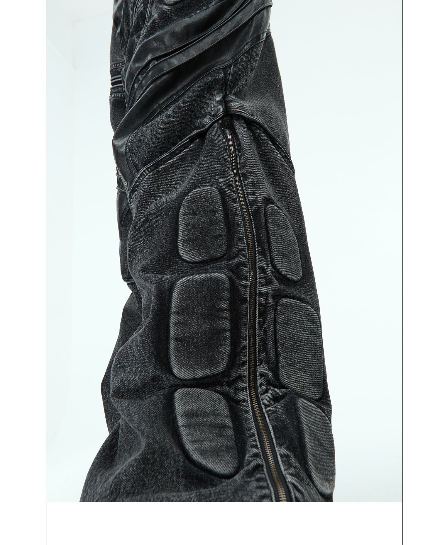 Heavy Washed Black Armor Jeans Deconstructed PU Leather Stitching Trousers