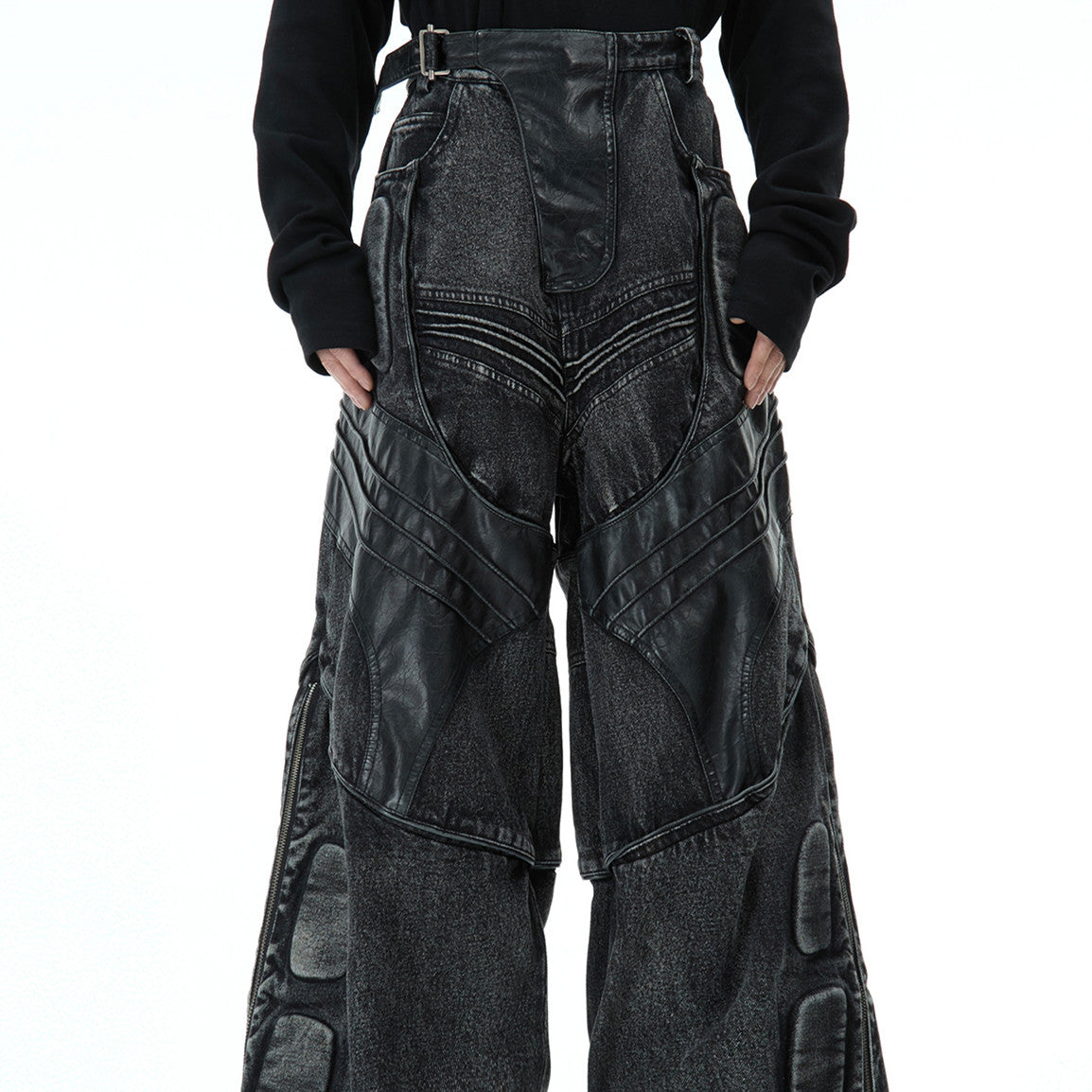 Heavy Washed Black Armor Jeans Deconstructed PU Leather Stitching Trousers - GREY / M
