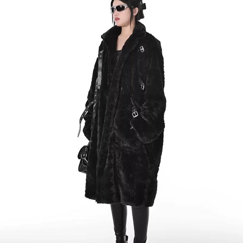 Dark Style Imitation Fur Plush Coat Women’s Mid-length