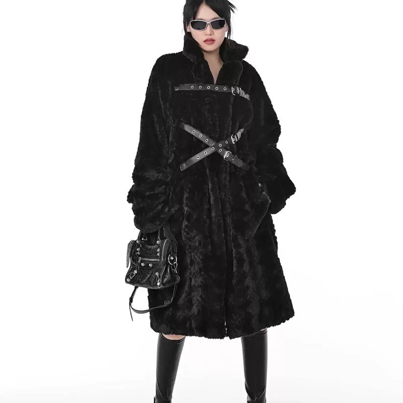 Dark Style Imitation Fur Plush Coat Women’s Mid-length