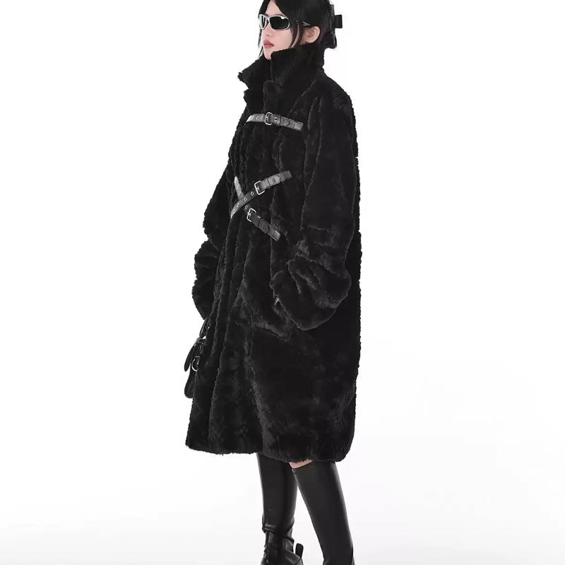 Dark Style Imitation Fur Plush Coat Women’s Mid-length