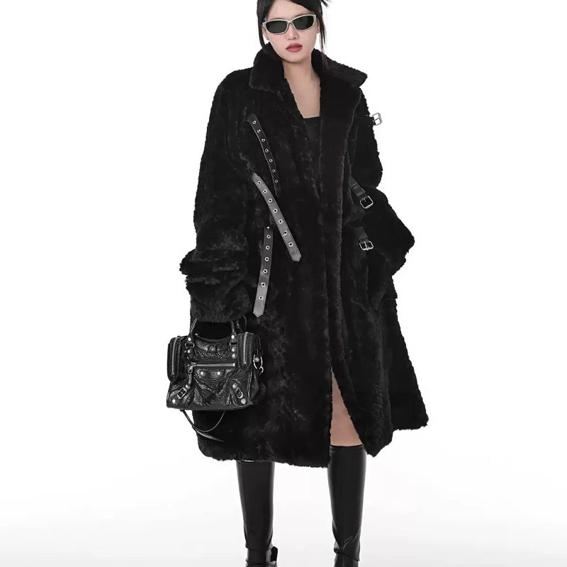 Dark Style Imitation Fur Plush Coat Women’s Mid-length