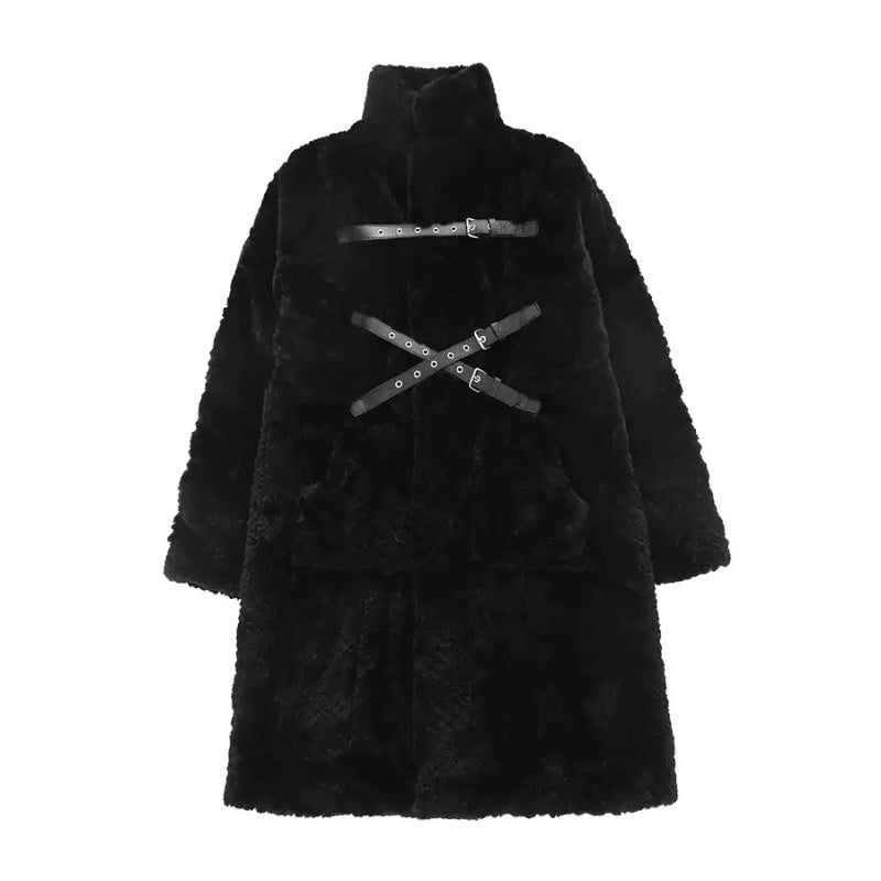 Dark Style Imitation Fur Plush Coat Women’s Mid-length - Black / M