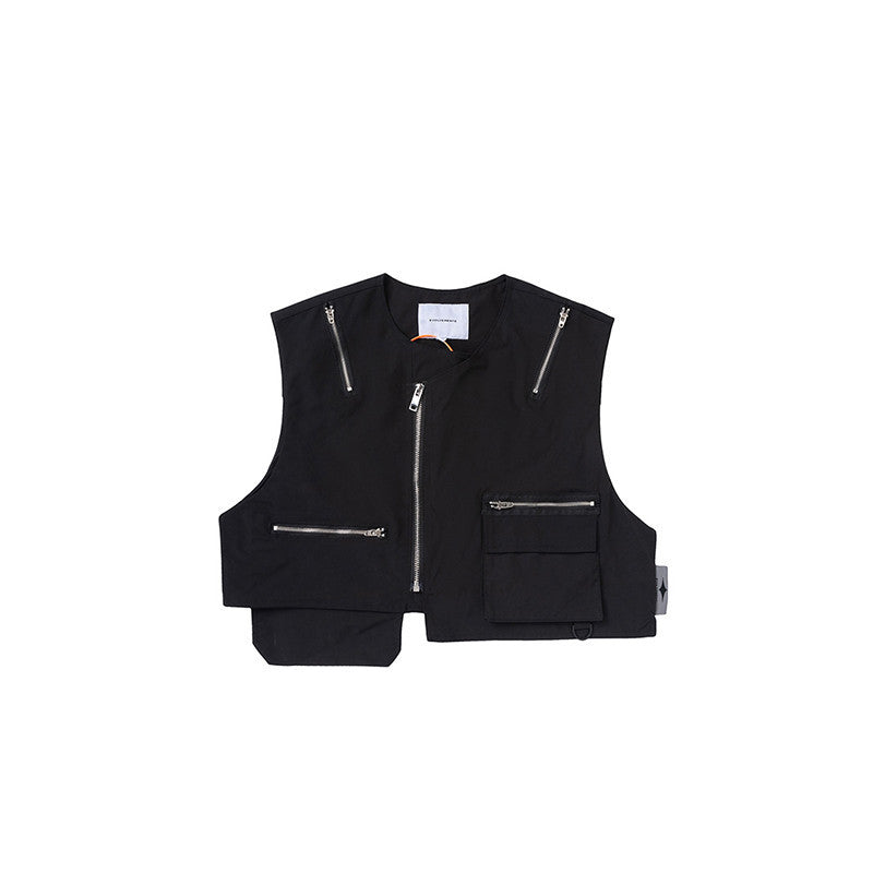 High Street Hip-hop Vibe Style Dark Multi-zip Sleeveless Waistcoat Summer - Black / S