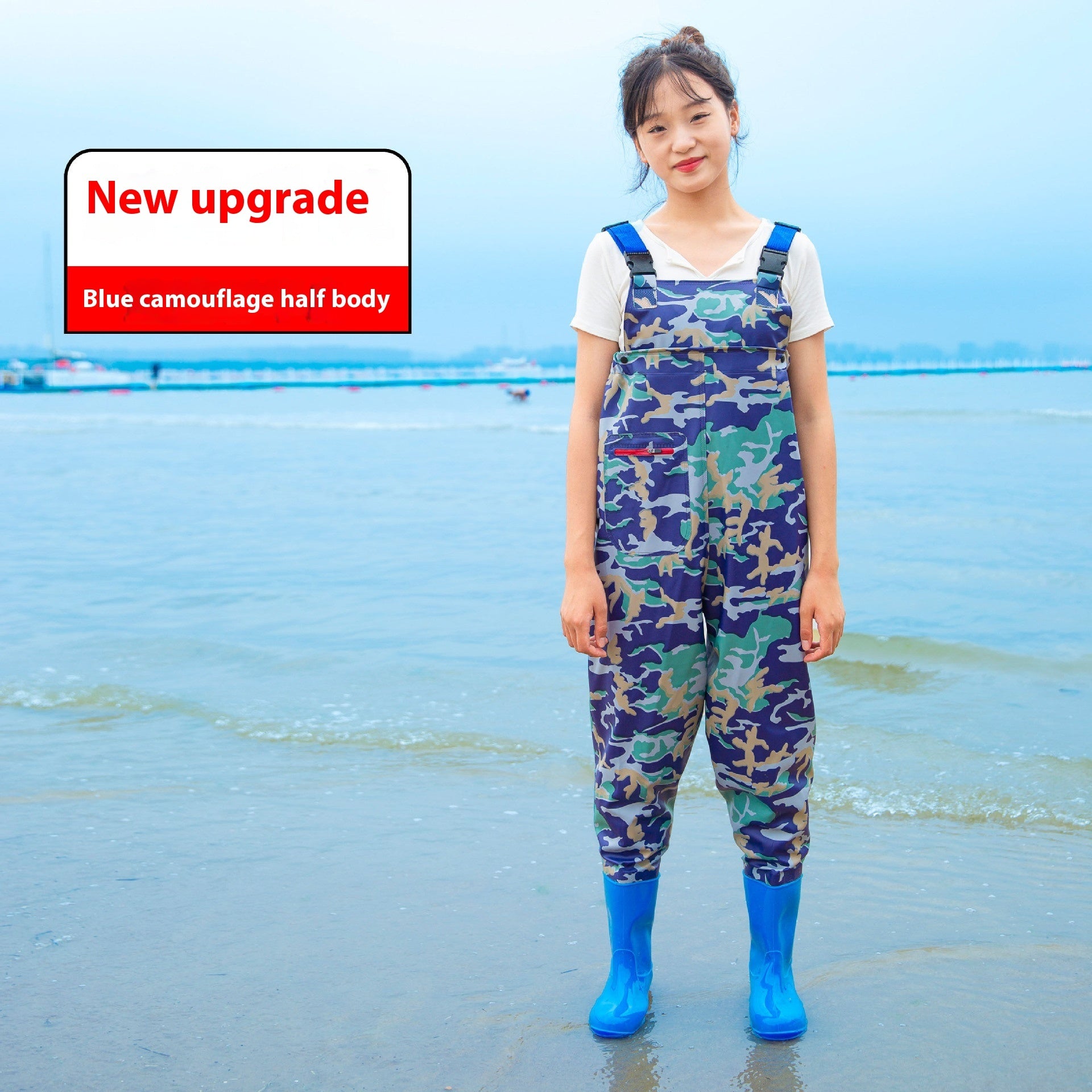 Women’s Thick Waterproof One-piece Half Body Rain Pants - Blue Camouflage Half Body / 36