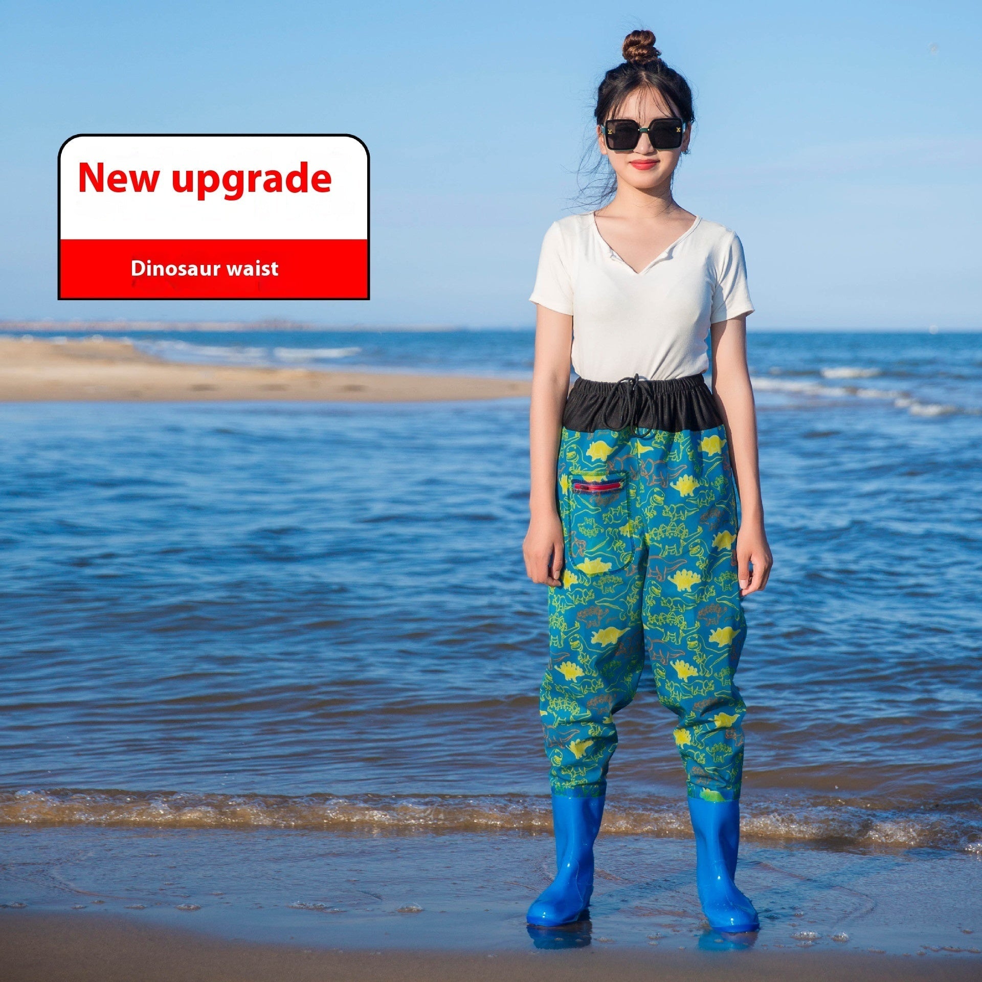 Women’s Thick Waterproof One-piece Half Body Rain Pants - Dinosaur Waist Slit / 36