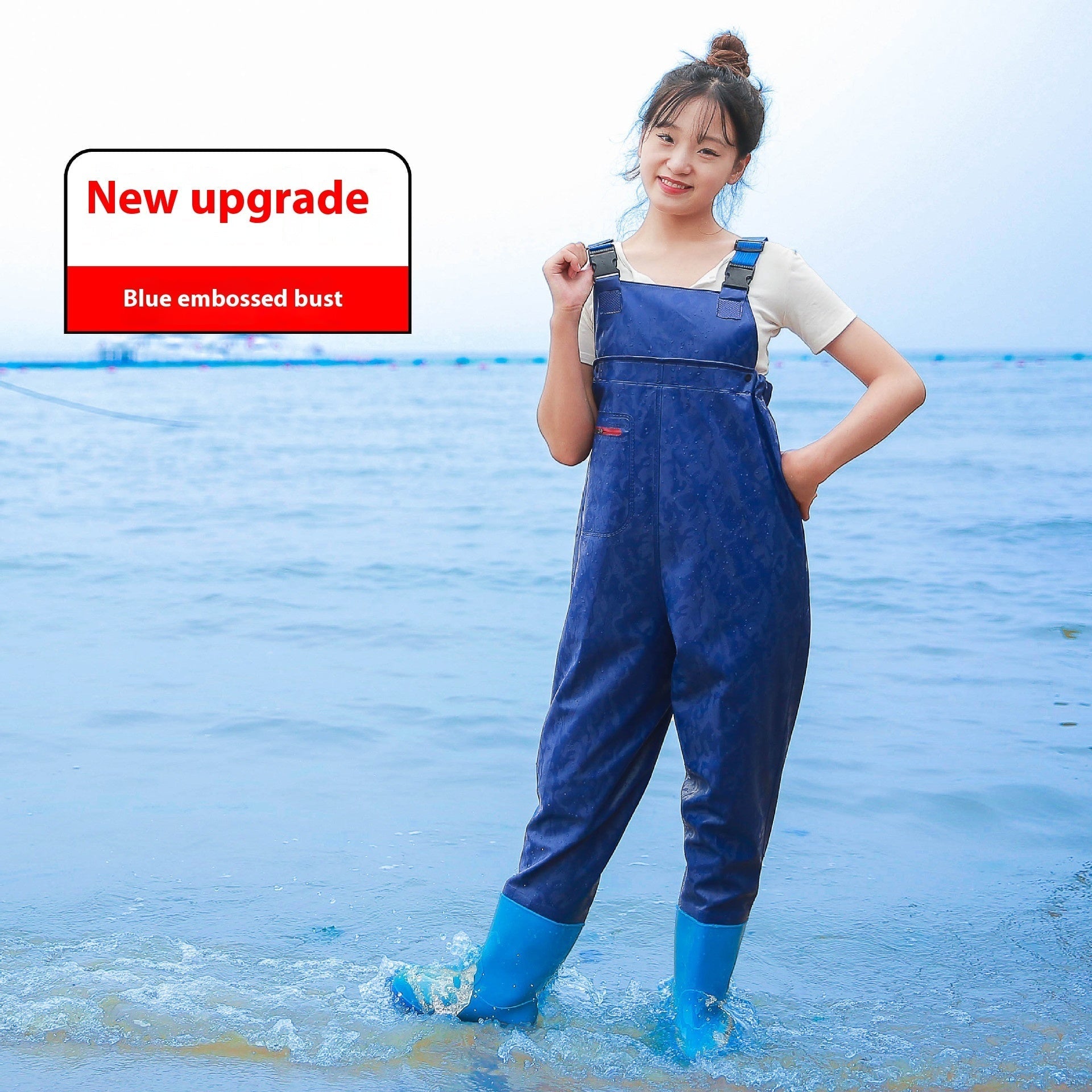 Women’s Thick Waterproof One-piece Half Body Rain Pants - Female Blue Embossed Half body / 36