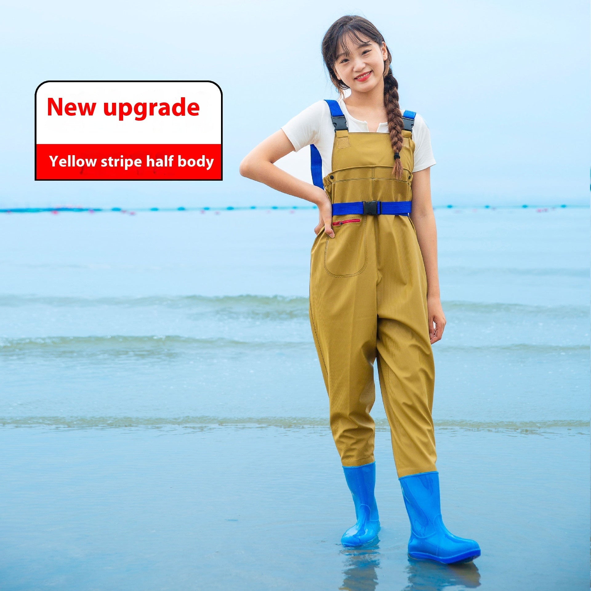 Women’s Thick Waterproof One-piece Half Body Rain Pants - Female Yellow Strip Half Body / 36