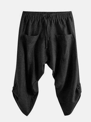 Chinese Style Cotton And Linen Baggy Men’s Loose Cropped Pants With Printed Ankle Cuffs - Black A / 2XL