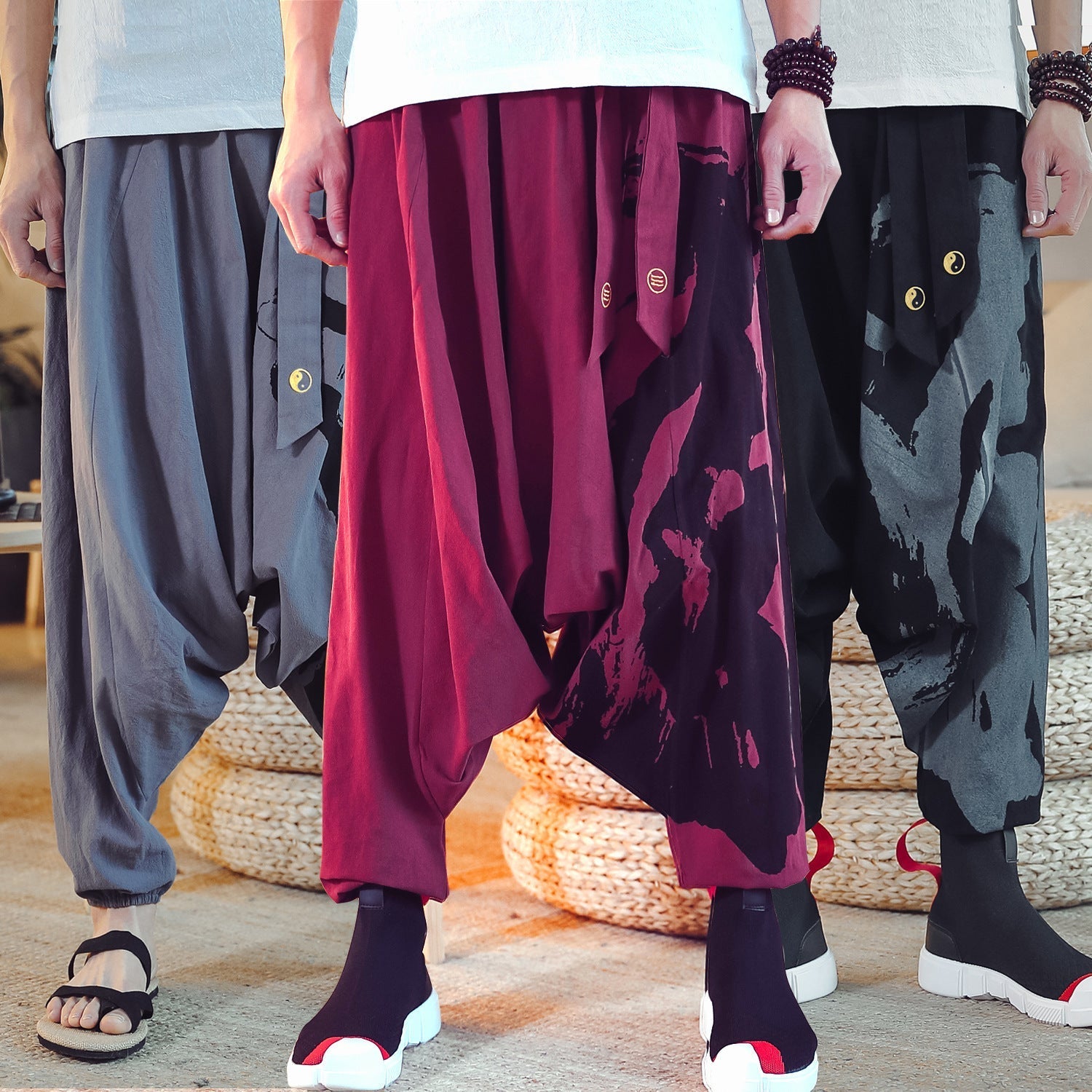Chinese Style Cotton And Linen Baggy Men’s Loose Cropped Pants With Printed Ankle Cuffs - Dark Grey / M
