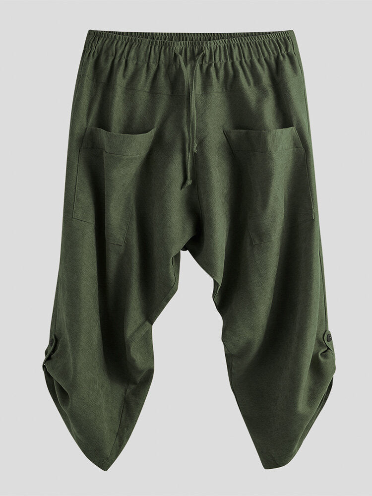Chinese Style Cotton And Linen Baggy Men’s Loose Cropped Pants With Printed Ankle Cuffs - Green / 2XL