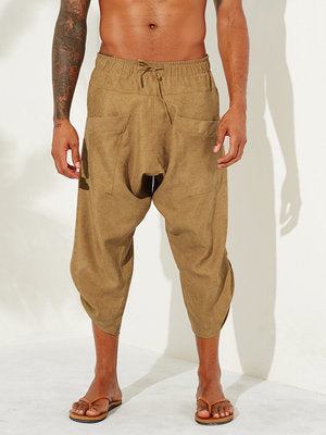 Chinese Style Cotton And Linen Baggy Men’s Loose Cropped Pants With Printed Ankle Cuffs - Yellow / 2XL