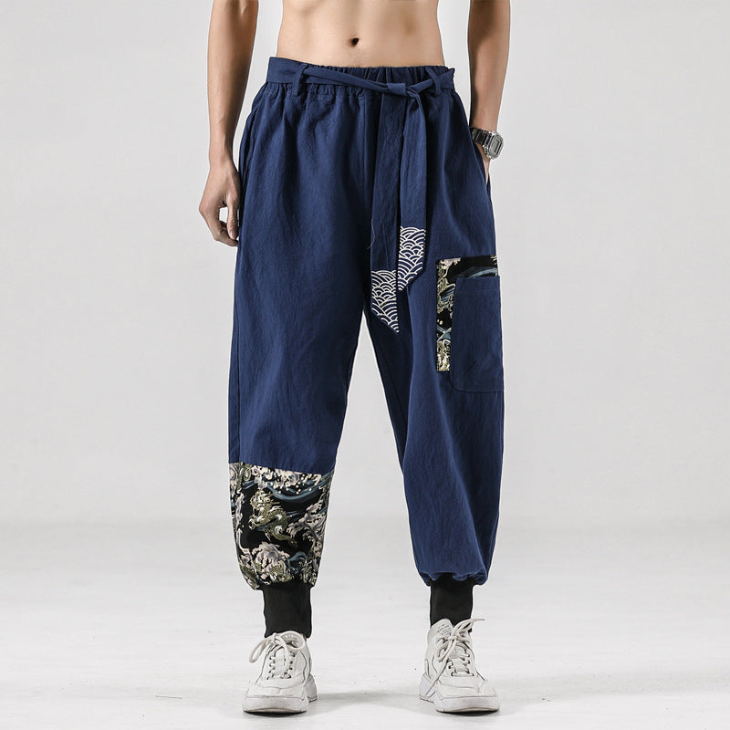 National Style 200 Jin Linen Legged Knickerbockers Men’S China Fashion Tang Casual Pants Loose Large Cotton - Dark Blue