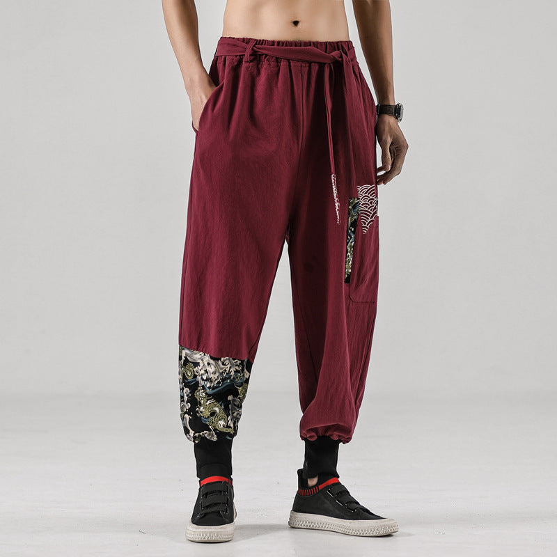 National Style 200 Jin Linen Legged Knickerbockers Men’S China Fashion Tang Casual Pants Loose Large Cotton - Wine Red