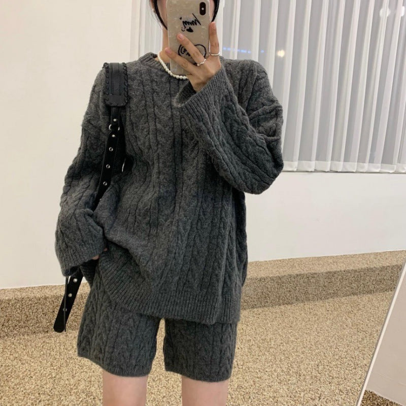 Idle Style Loose Pullover Knitwear Straight Cropped Pants Two-piece Set - Dark Gray / Average Size