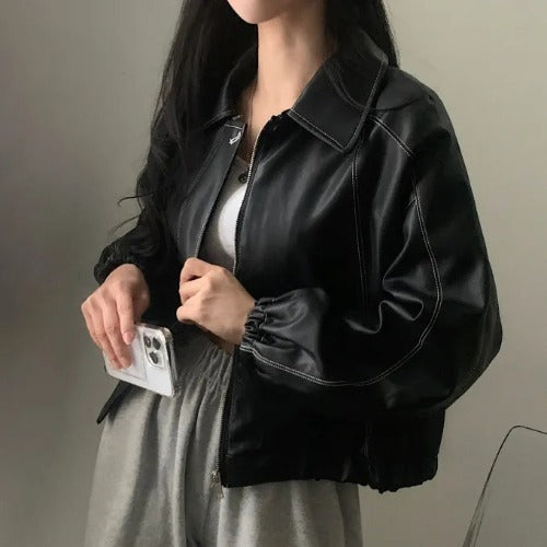 Fashion And Handsome Leather Coat Women - Black / Free Size
