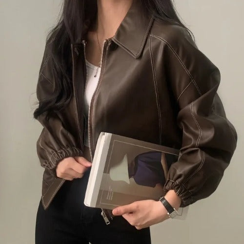 Fashion And Handsome Leather Coat Women - Brown / Free Size