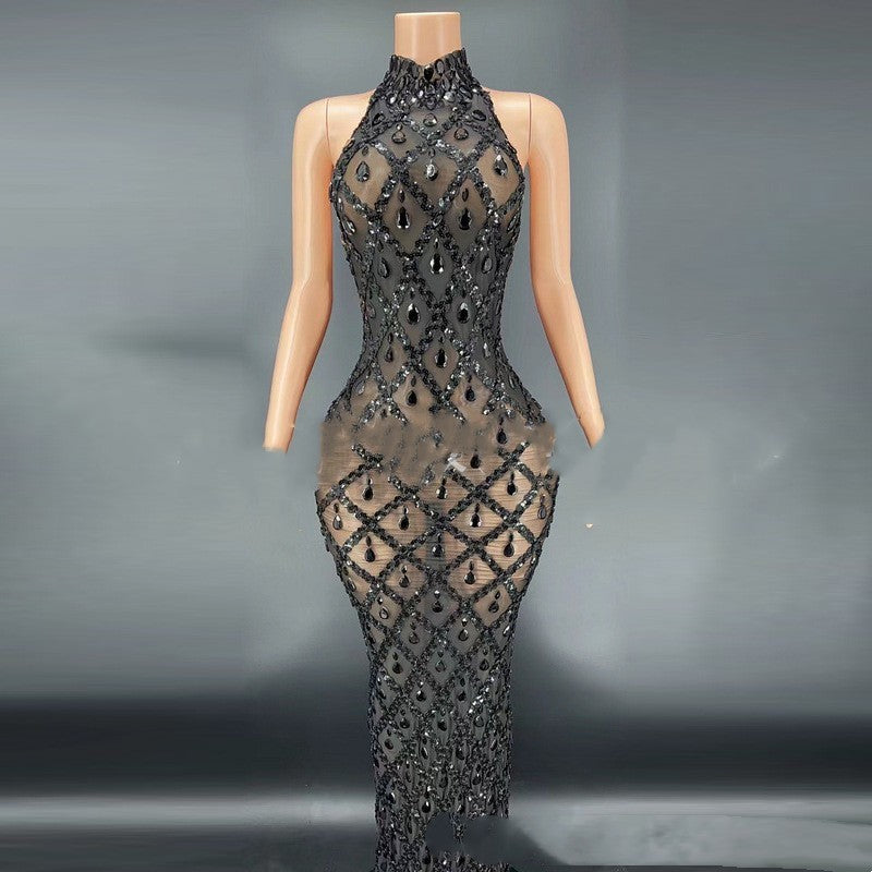Black Diamond Dress On Black Background Nightclub Bar Female Singer Costume Stage Costume - Black / S