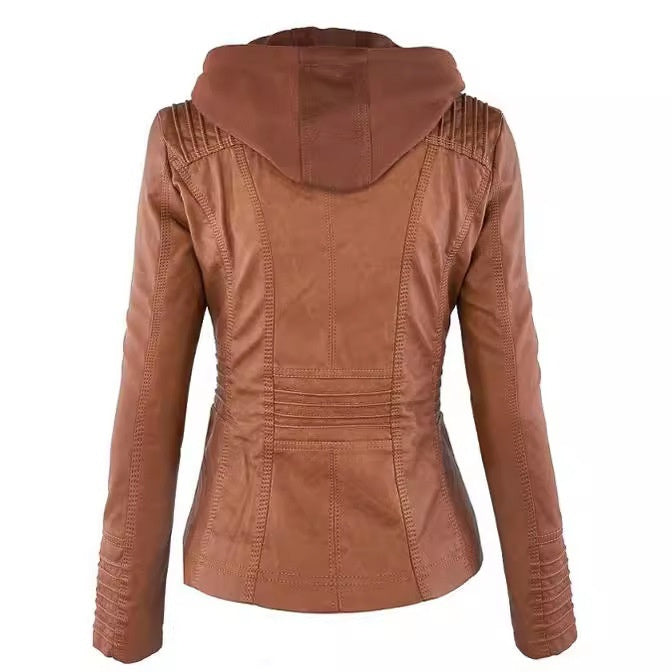 Women’s Detachable Lapel Long Sleeve Solid Color Zipper Leather Jacket Coat