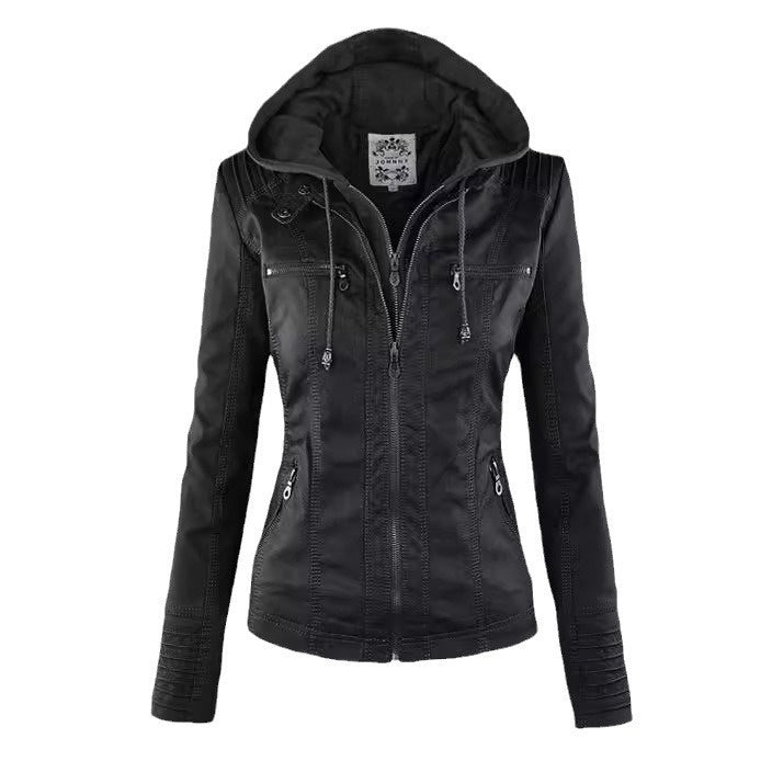Women’s Detachable Lapel Long Sleeve Solid Color Zipper Leather Jacket Coat