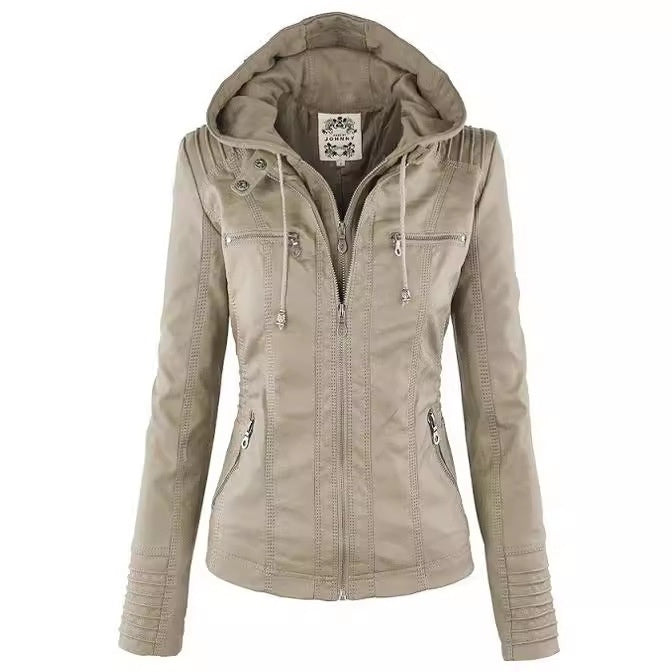 Women’s Detachable Lapel Long Sleeve Solid Color Zipper Leather Jacket Coat