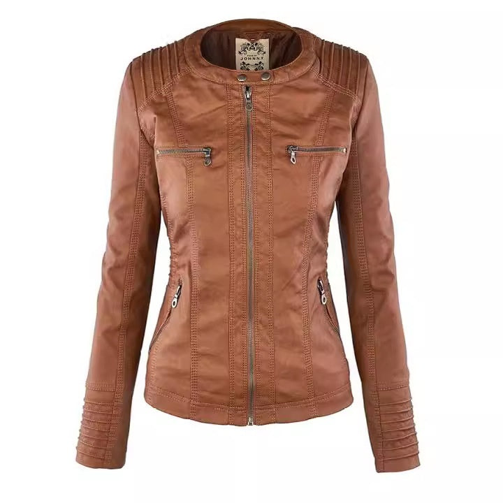 Women’s Detachable Lapel Long Sleeve Solid Color Zipper Leather Jacket Coat