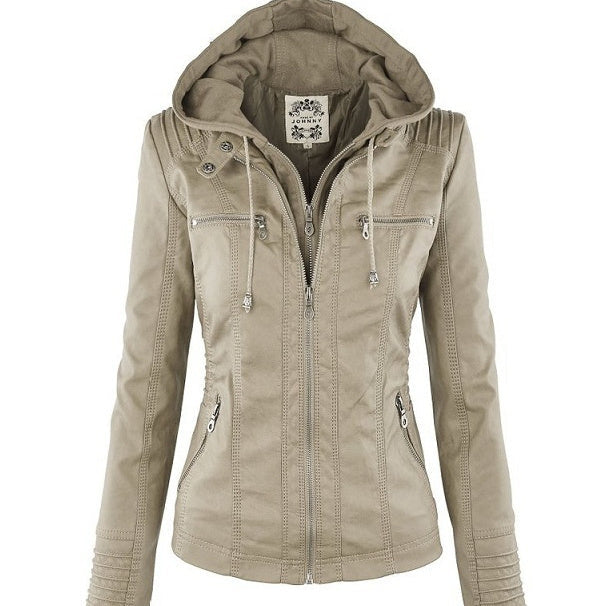 Women’s Detachable Lapel Long Sleeve Solid Color Zipper Leather Jacket Coat - Apricot / S