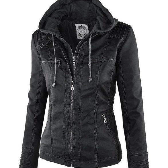 Women’s Detachable Lapel Long Sleeve Solid Color Zipper Leather Jacket Coat - Black / S