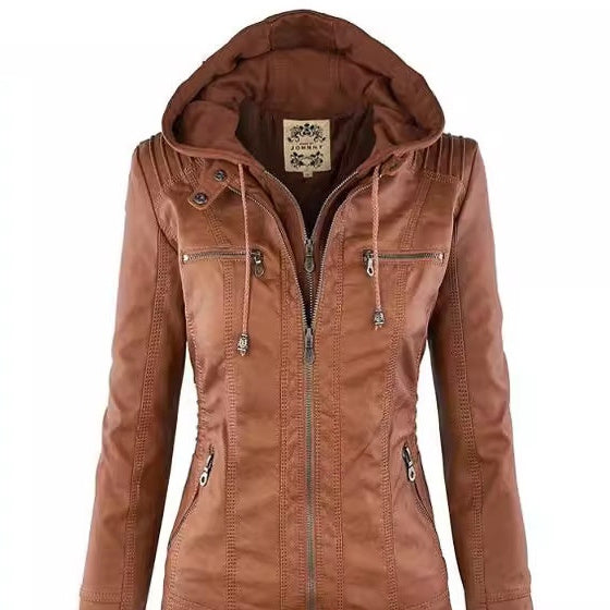 Women’s Detachable Lapel Long Sleeve Solid Color Zipper Leather Jacket Coat - Brown / S