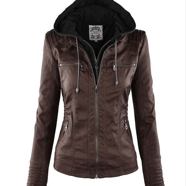 Women’s Detachable Lapel Long Sleeve Solid Color Zipper Leather Jacket Coat - coffee / S