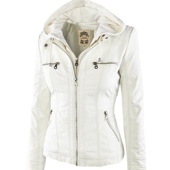 Women’s Detachable Lapel Long Sleeve Solid Color Zipper Leather Jacket Coat - White / S