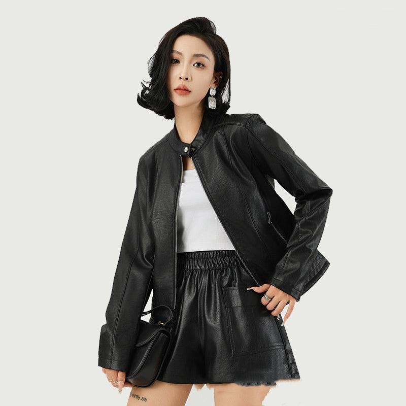 Women’s Leather Jacket Locomotive Style Leather Coat Leather Jacket
