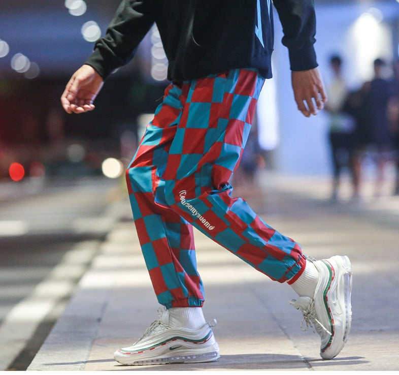 Nuthink men’s pants lattice overalls men’s tide brand loose Harajuku style multi-pocket hip-hop beam foot pants