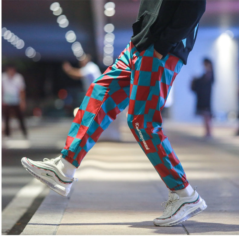Nuthink men’s pants lattice overalls men’s tide brand loose Harajuku style multi-pocket hip-hop beam foot pants