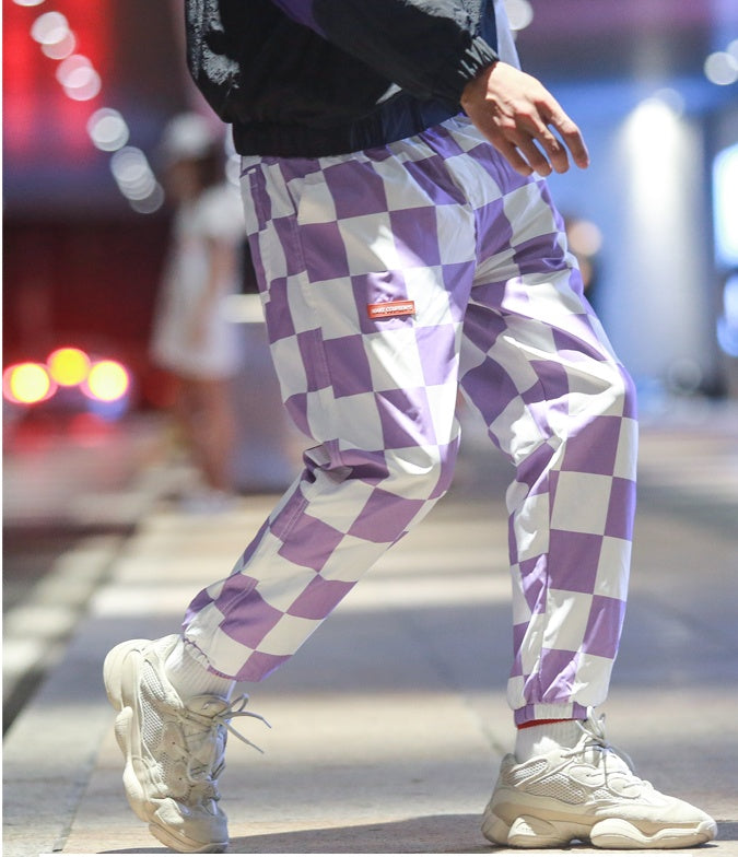 Nuthink men’s pants lattice overalls men’s tide brand loose Harajuku style multi-pocket hip-hop beam foot pants