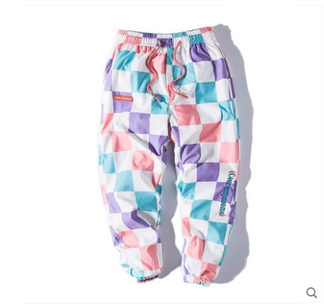 Nuthink men’s pants lattice overalls men’s tide brand loose Harajuku style multi-pocket hip-hop beam foot pants - Color