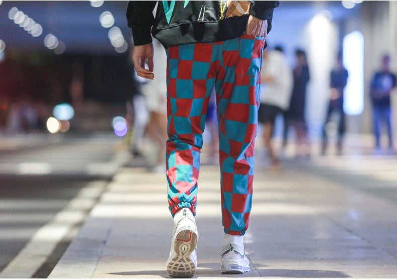Nuthink men’s pants lattice overalls men’s tide brand loose Harajuku style multi-pocket hip-hop beam foot pants - Red