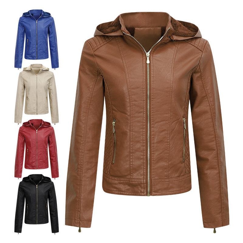 Women’s Clothing Fleece-lined Thickened Leather Coat Hooded