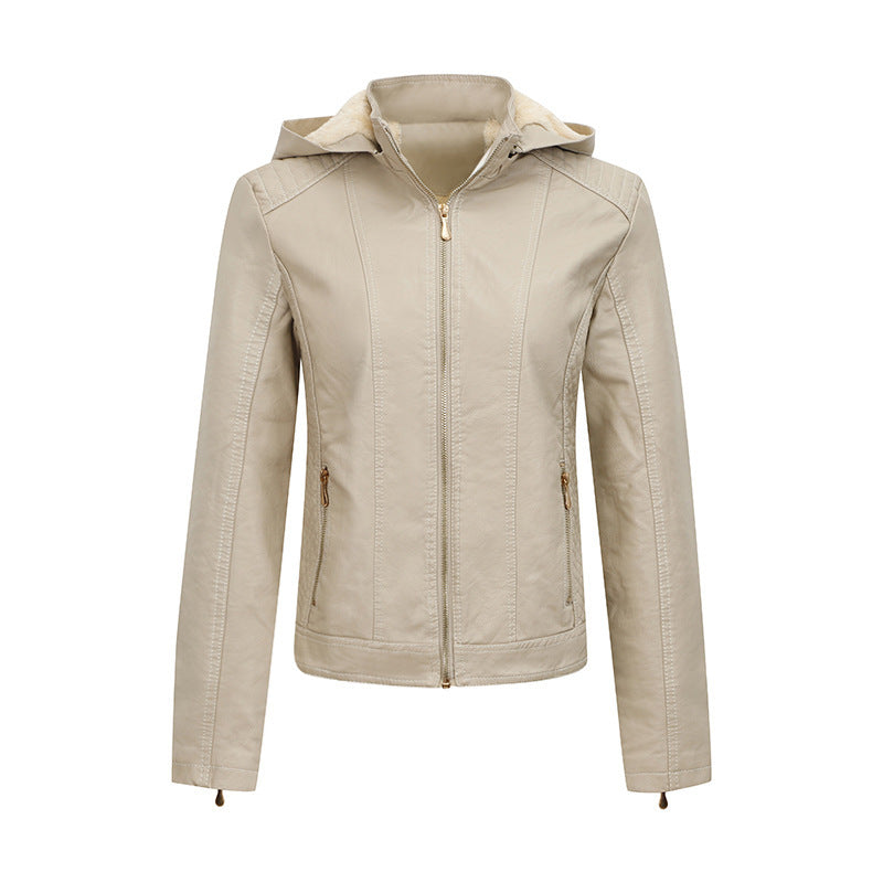 Women’s Clothing Fleece-lined Thickened Leather Coat Hooded - Beige / M