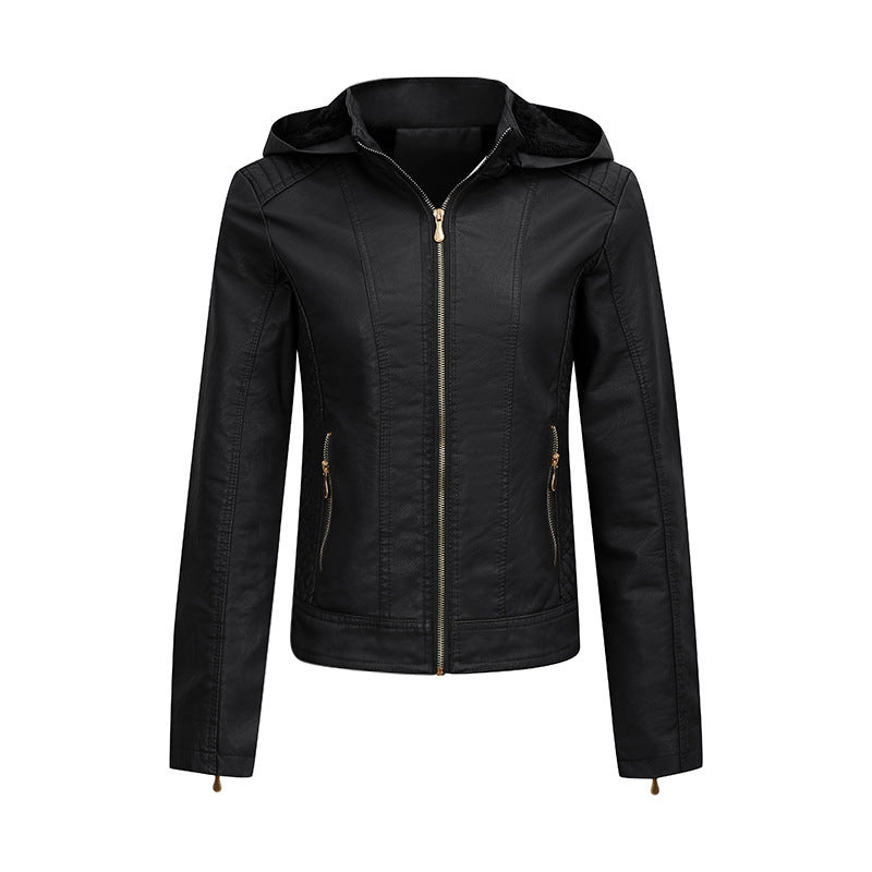 Women’s Clothing Fleece-lined Thickened Leather Coat Hooded - Black / M